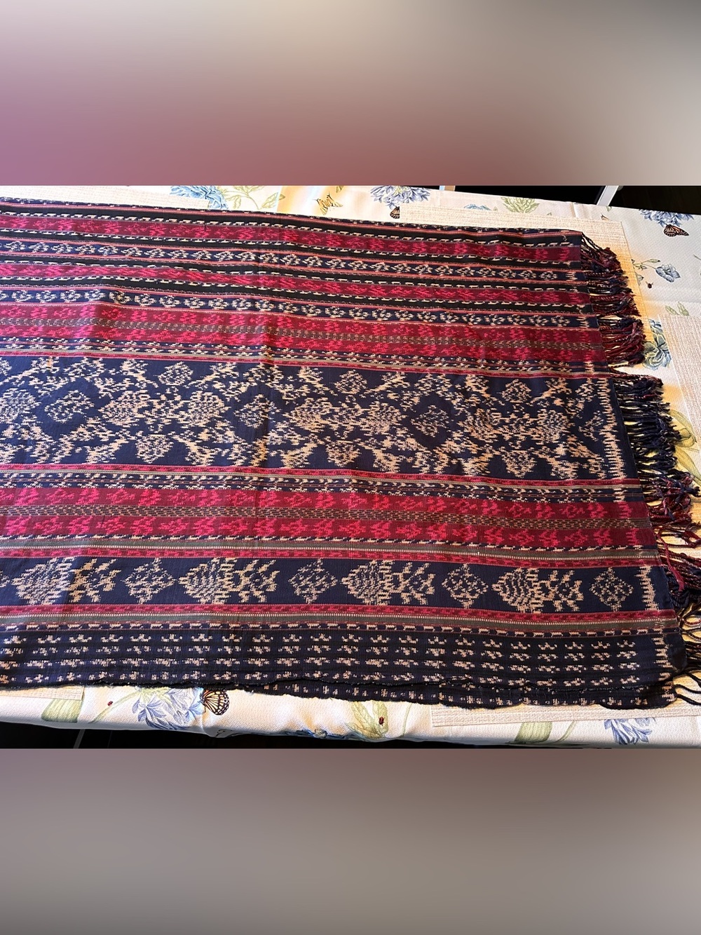 Vintage Indonesian Sumba Ikat Textile Panel With Fringe Blue Red 96”x68”